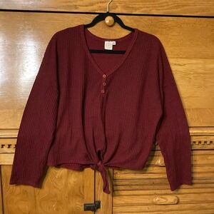 Live In The Moment Granola Girl Y2K Burgundy Waffle Knit Tie Front Henley Top L